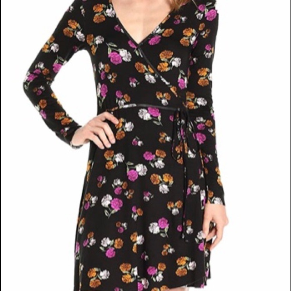 CLAYTON black, pink and cream Dark Rosette wrap dress.Size L NWT